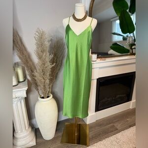 Miss Lola Green Satin Midi Slip Dress with Spaghetti Straps
